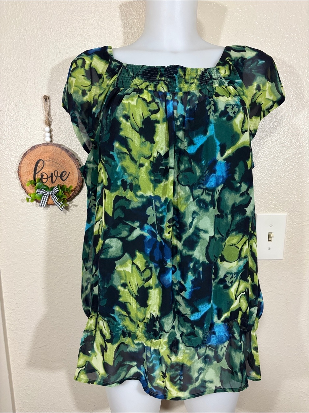 a.n.a Blue Green Floral Print Sheer Blouse Size XL - Picture 2 of 6